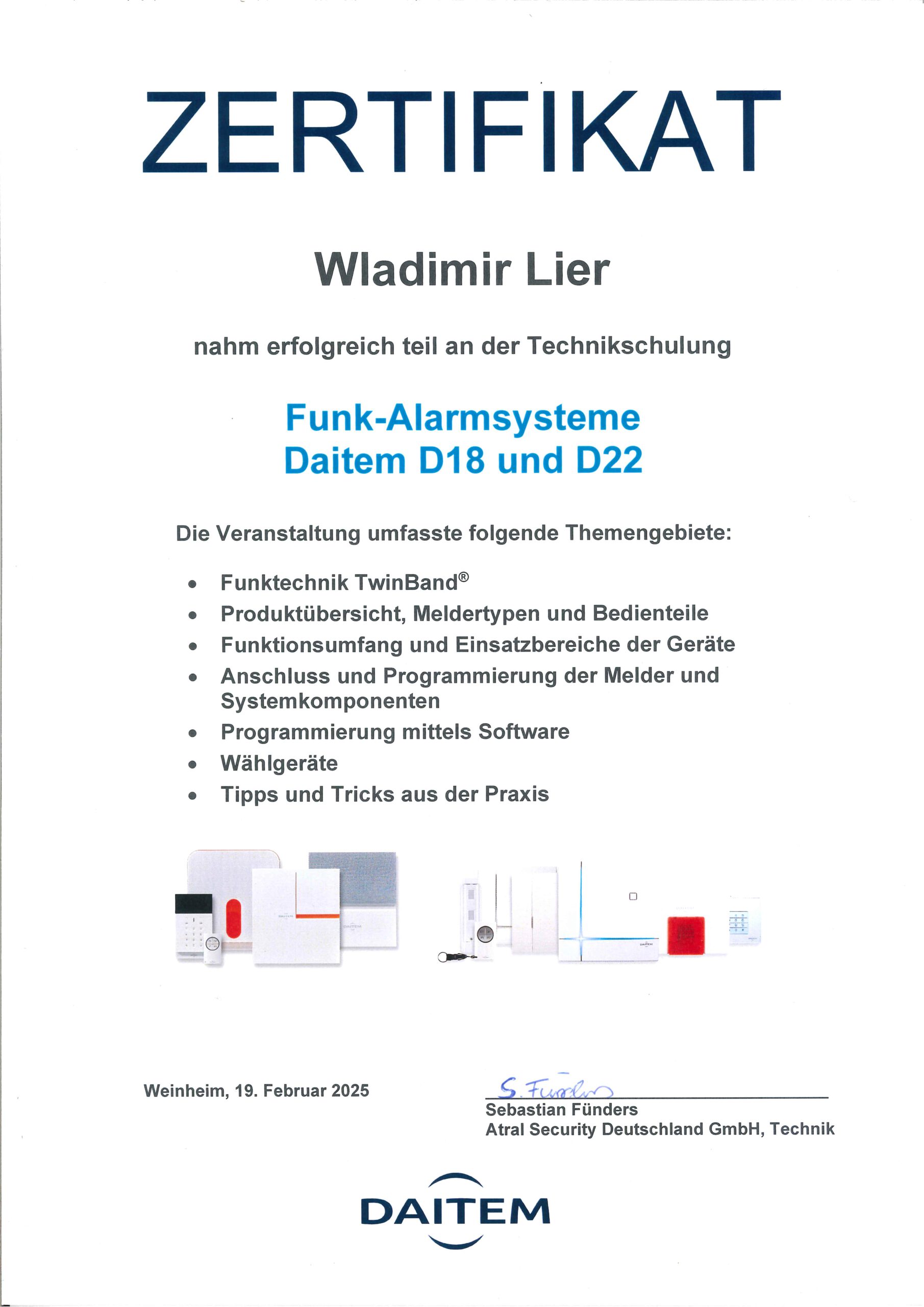 Zertifikat Daitem Sicherheitstechnik Viga